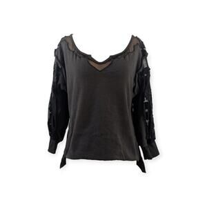 Free People New Romantics Brown Lace Boho Top XS Knit Floral Side Slits Blouse